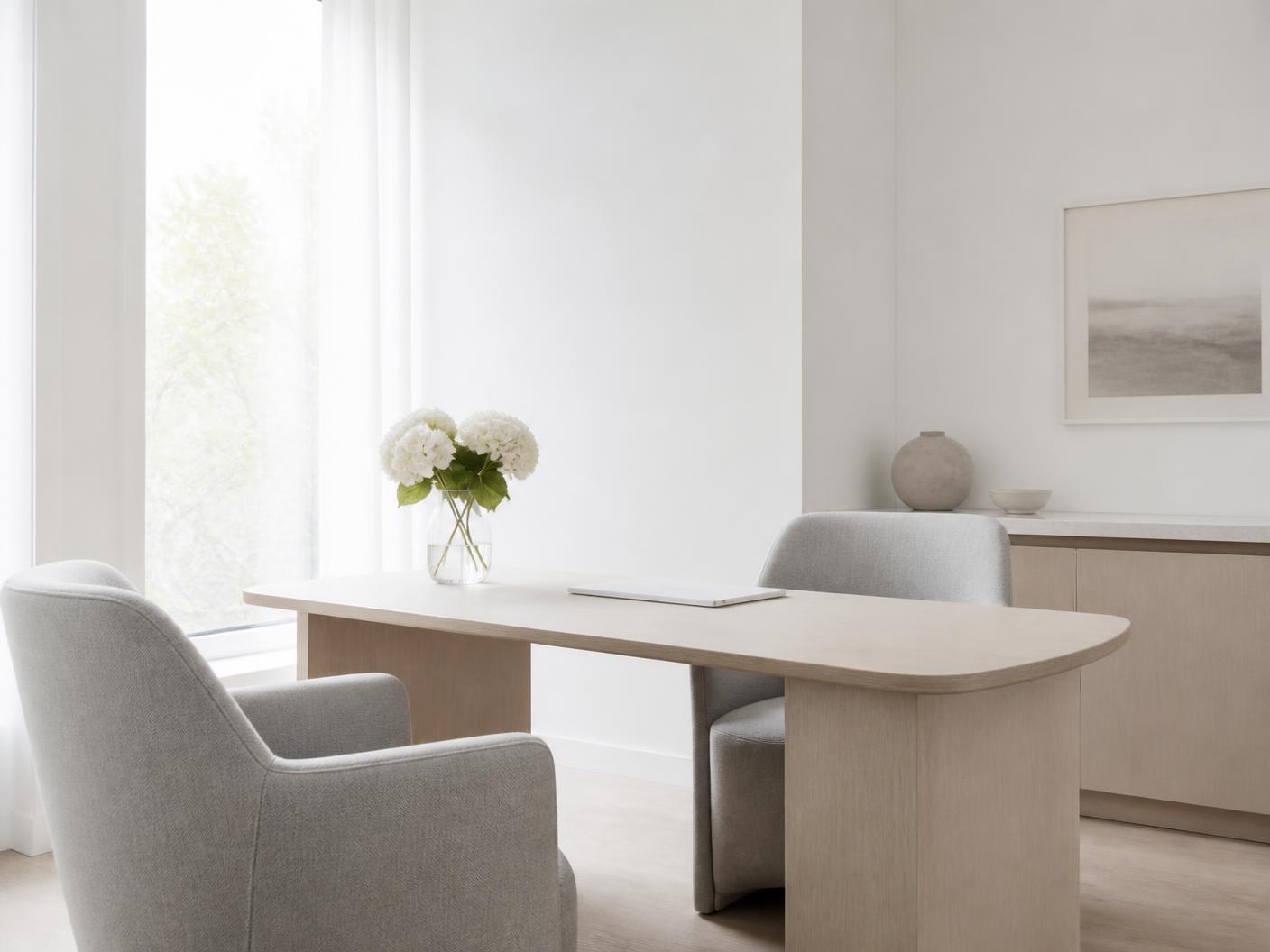 A calm consultation room with pale oak table, soft grey chairs and daylight