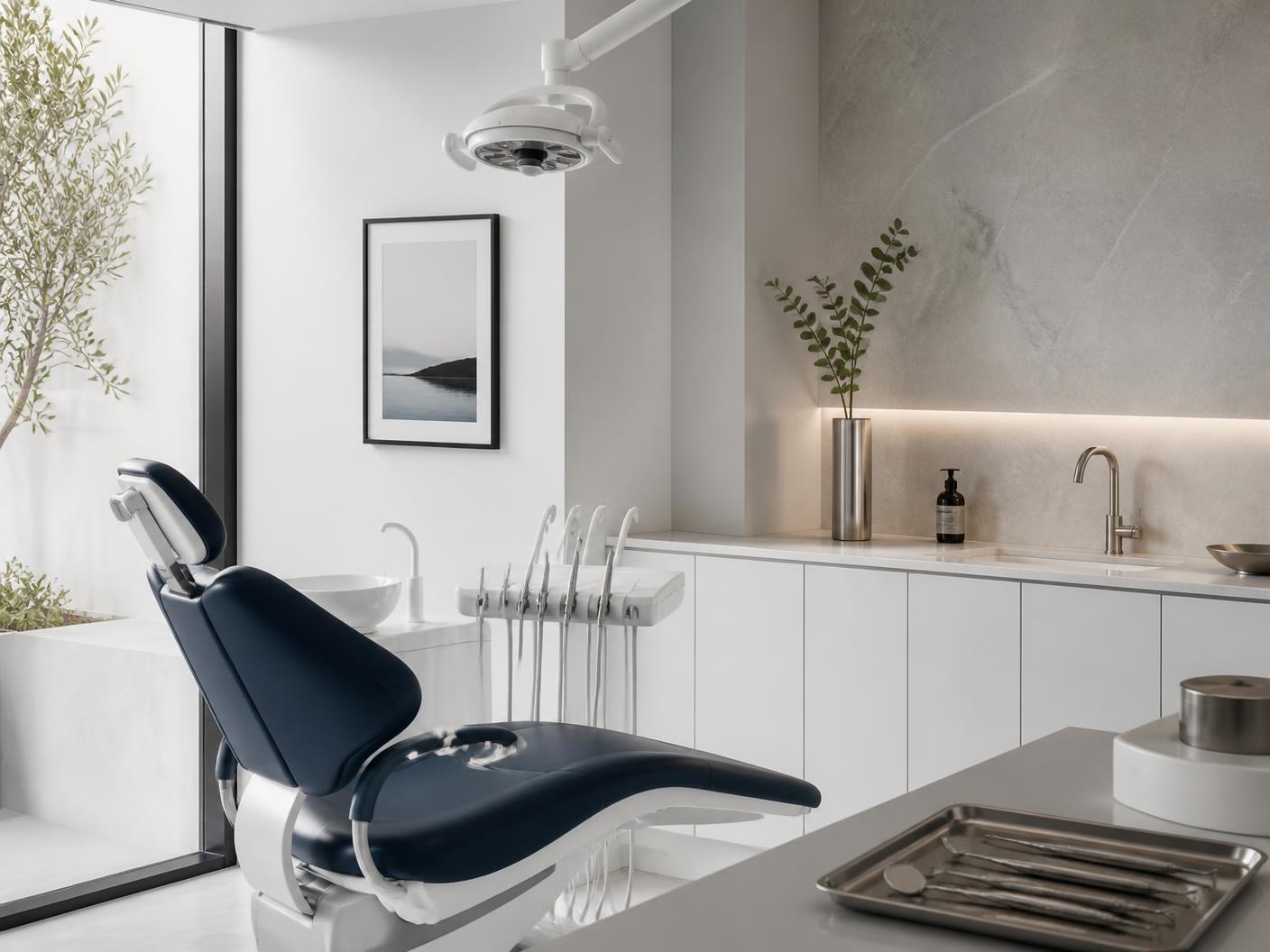 Minimal modern dental surgery with a navy treatment chair and pale stone surfaces