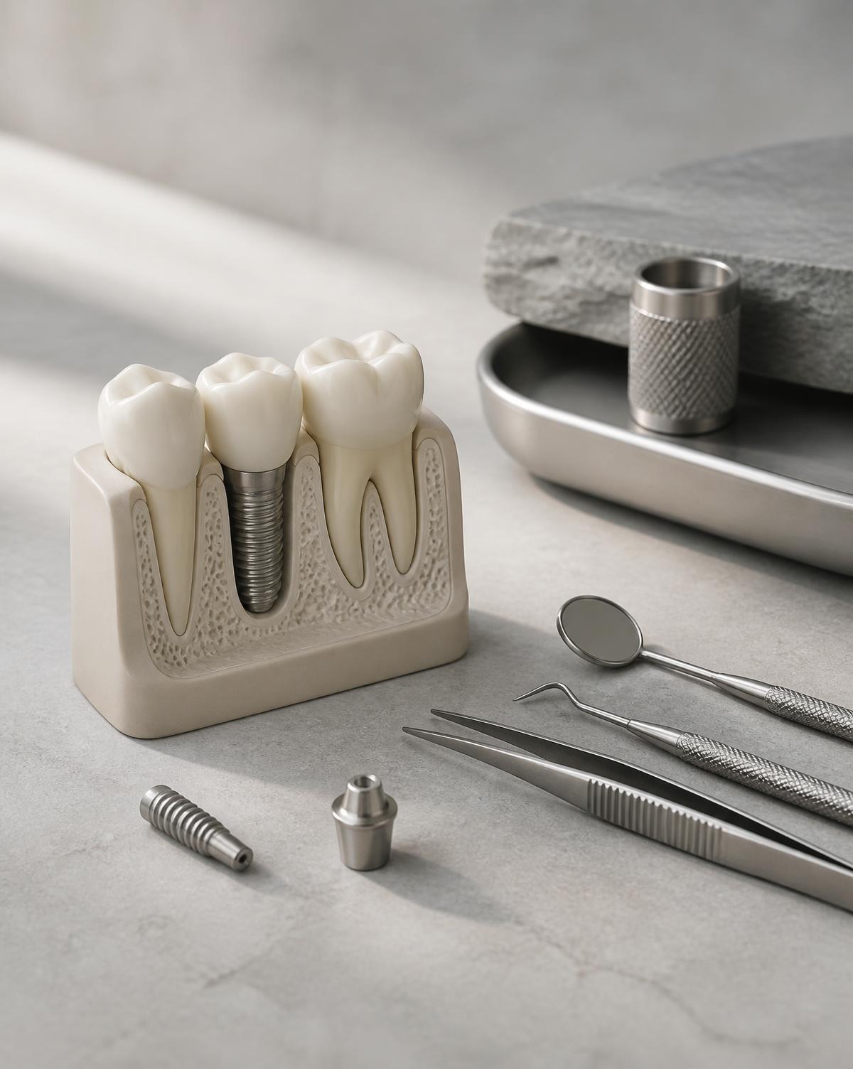 Dental implant model and precision instruments on pale grey stone